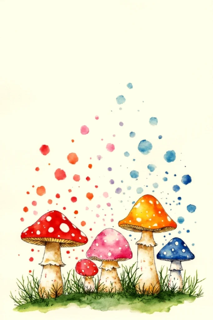 Colorful watercolor mushrooms with splattered dots, vibrant and whimsical forest illustration.