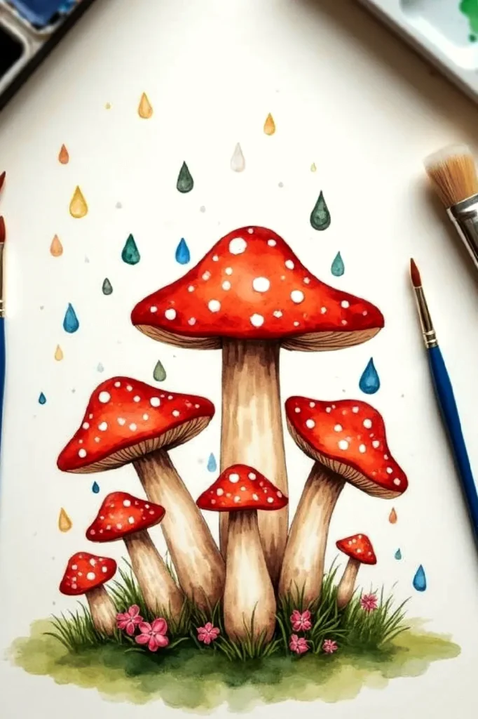 Watercolor painting of red mushrooms with brushes and colorful raindrops, surrounded by green grass and pink flowers.
