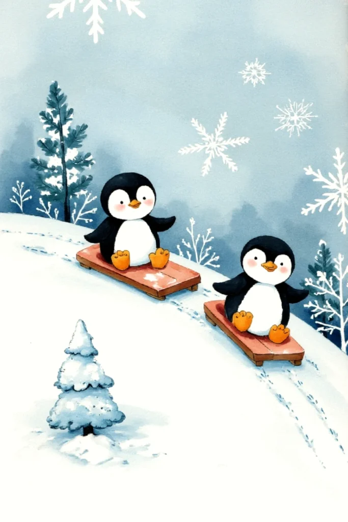 Two cute penguins sledding down a snowy hill under falling snowflakes in a winter wonderland scene.