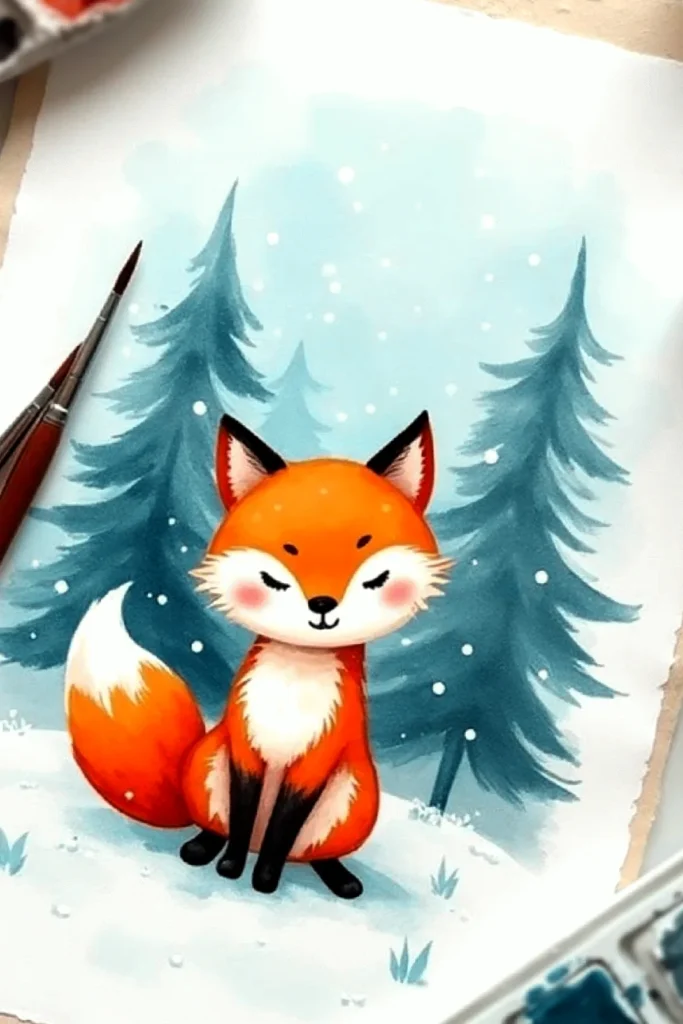Cute watercolor fox in snowy forest with pine trees, paintbrush nearby.
