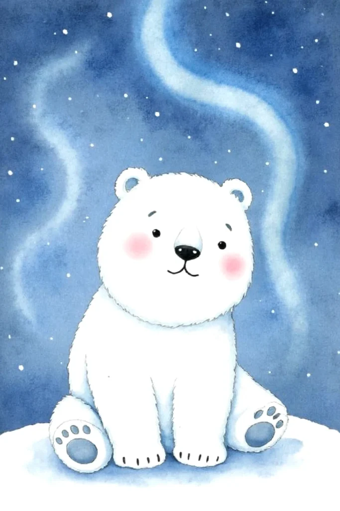 Cute illustrated polar bear sitting on snow under starry night sky.