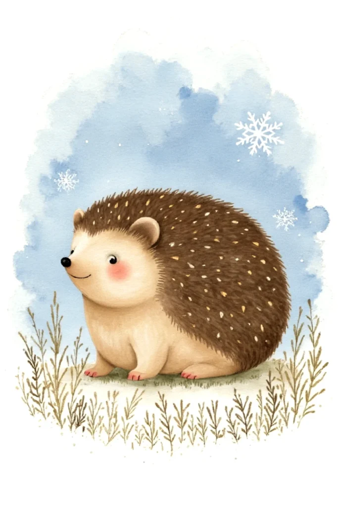 Cute illustrated hedgehog with snowflakes and grass, set against a blue watercolor background.