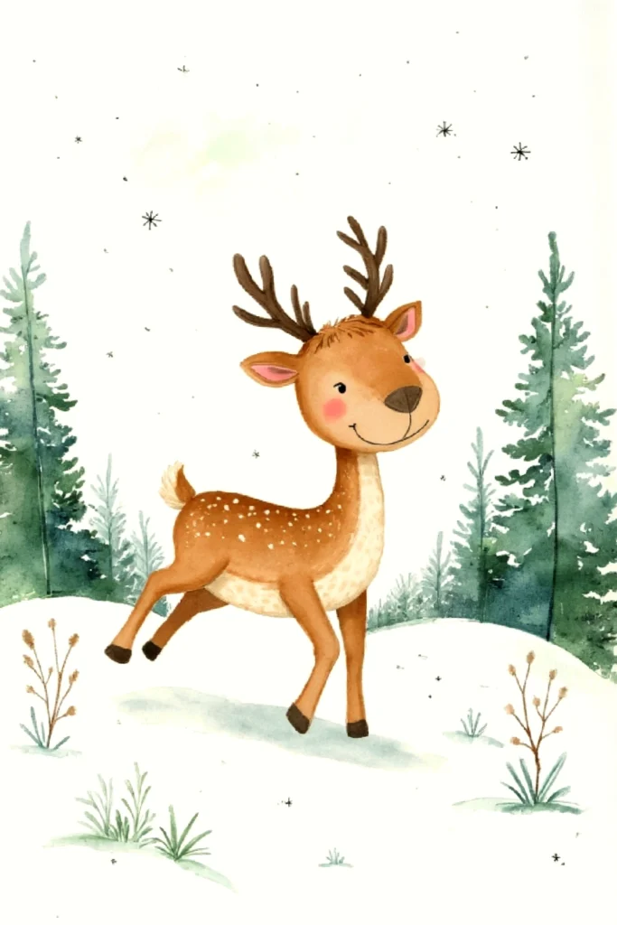 Cute cartoon reindeer in a snowy forest with pine trees, smiling in winter scenery.