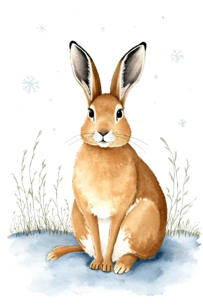 Illustration of a brown hare in winter scene with snowflakes and grass, sitting on white background.