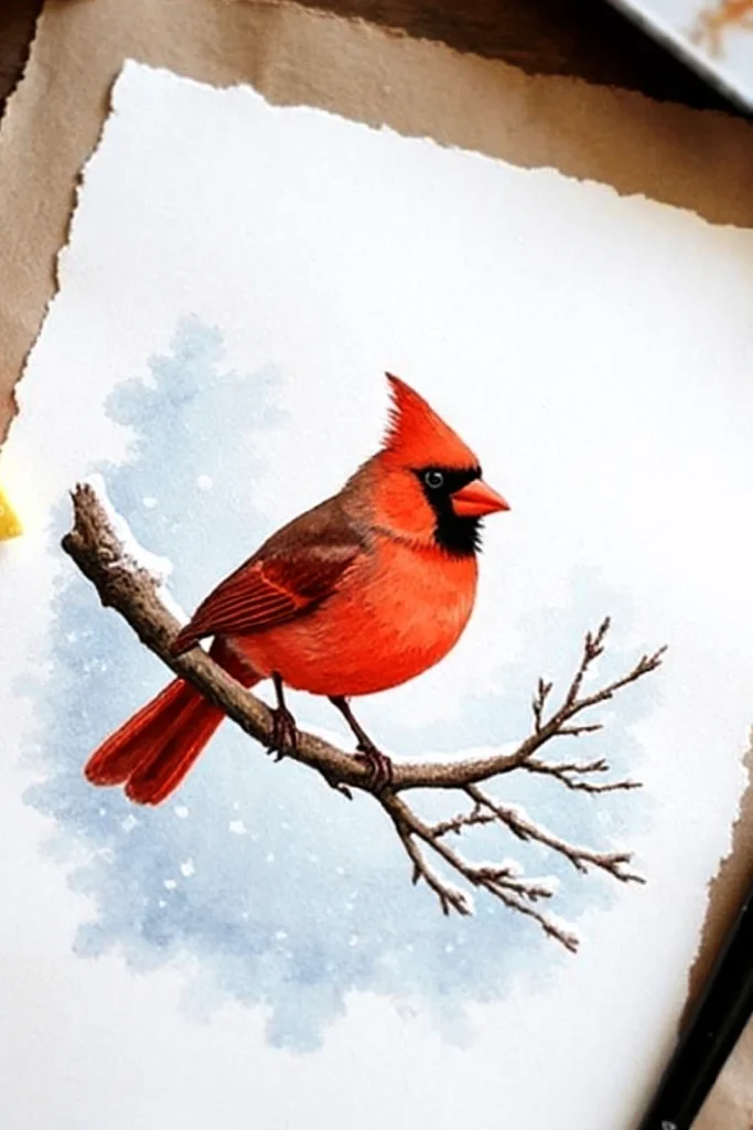 Watercolor painting of a vibrant red cardinal perched on a snowy branch with a soft blue sky background.