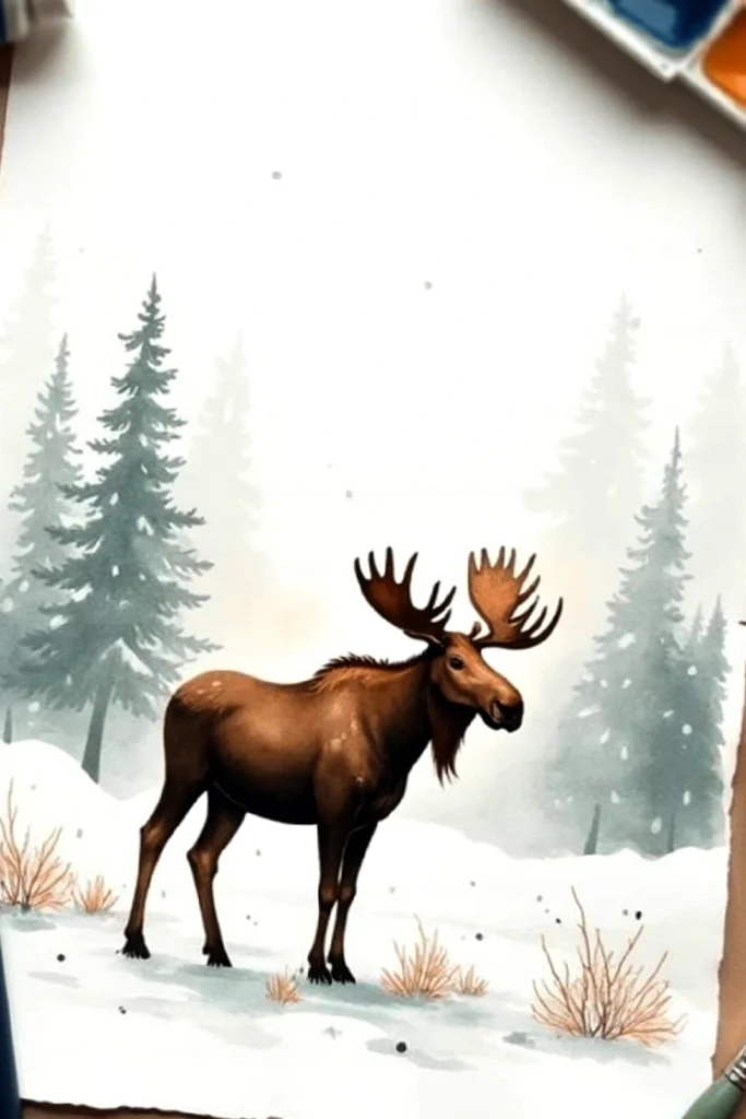 Illustration of a moose in a snowy forest, surrounded by pine trees and winter scenery.