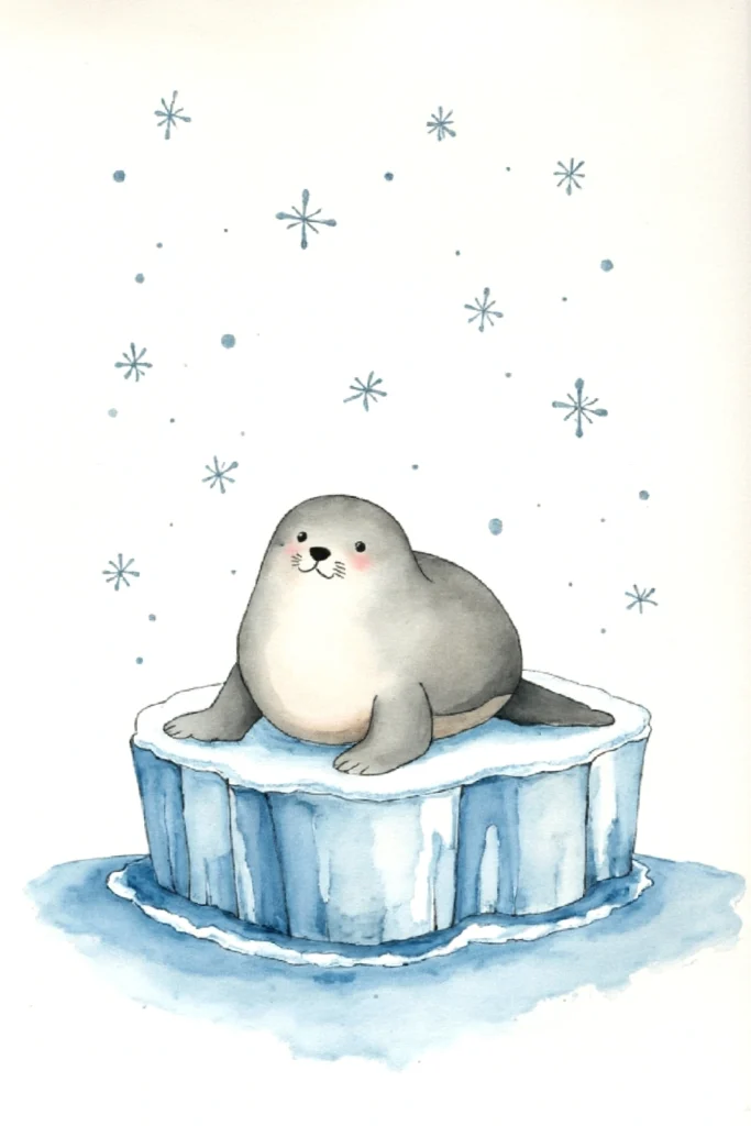 Cute seal sitting on an ice floe with snowflakes falling around in a whimsical watercolor illustration.