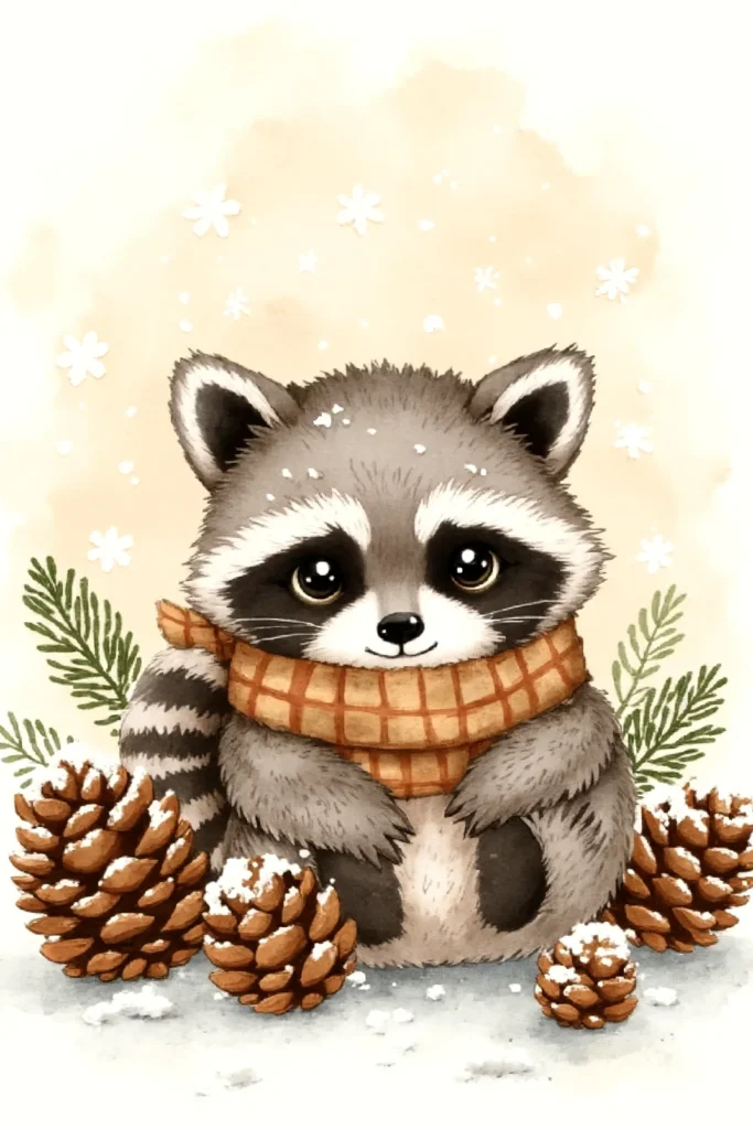 Cute raccoon in a scarf with pinecones and snowflakes, winter illustration.