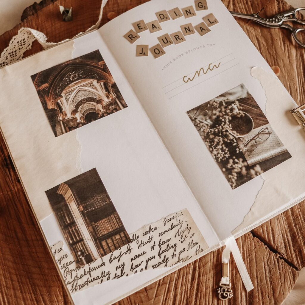 Vintage reading journal open on a wooden table, featuring aesthetic photos and handwritten notes.