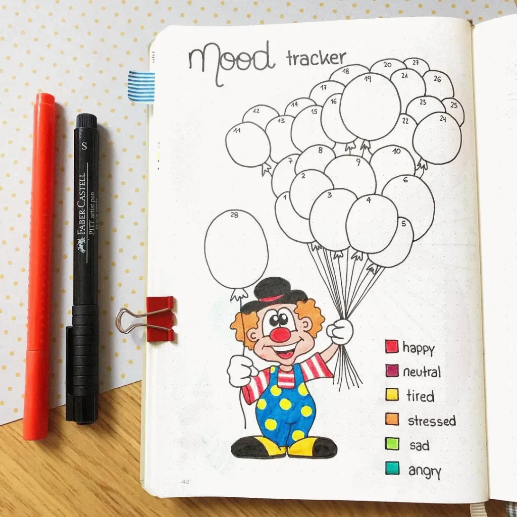 Colorful mood tracker with a clown holding numbered balloons; emotions depicted: happy, neutral, tired, stressed, sad, angry.