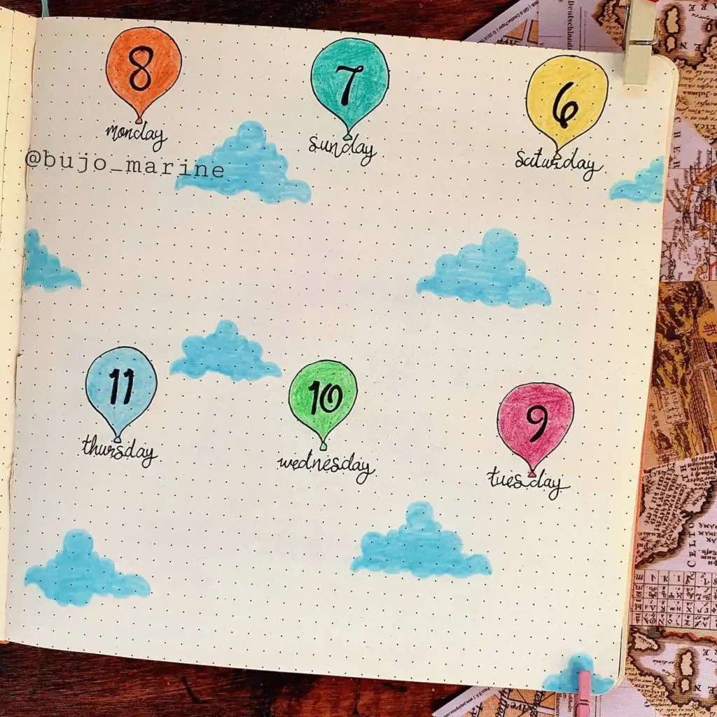 Bullet journal weekly spread with balloon-themed dates from 6th to 11th. Creative planner design.
