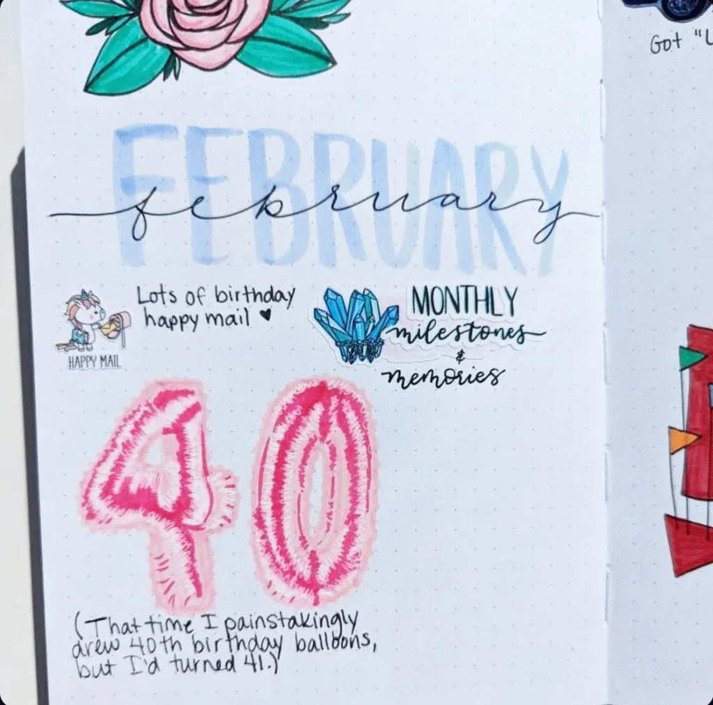 Bullet journal February layout with floral art, 40 by mistake for 41, and notes on birthdays and milestones.