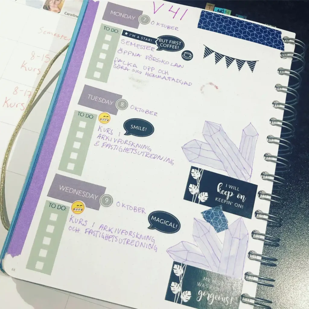 Decorated weekly planner with handwritten notes and stickers, October 7-9.
