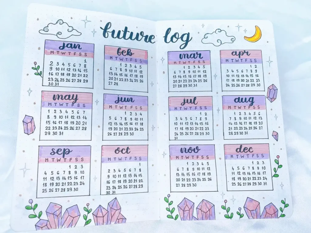 Decorative bullet journal future log with monthly calendars, crystals, and celestial doodles. Perfect for planning.