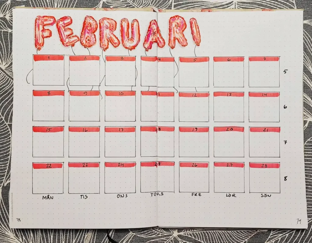 Hand-drawn bullet journal calendar for February, featuring red design and Swedish weekdays.