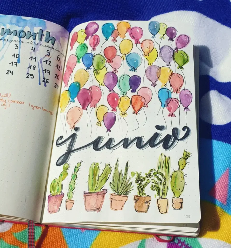 Colorful June bullet journal page with balloons and potted plants illustration, calendar and decorations.