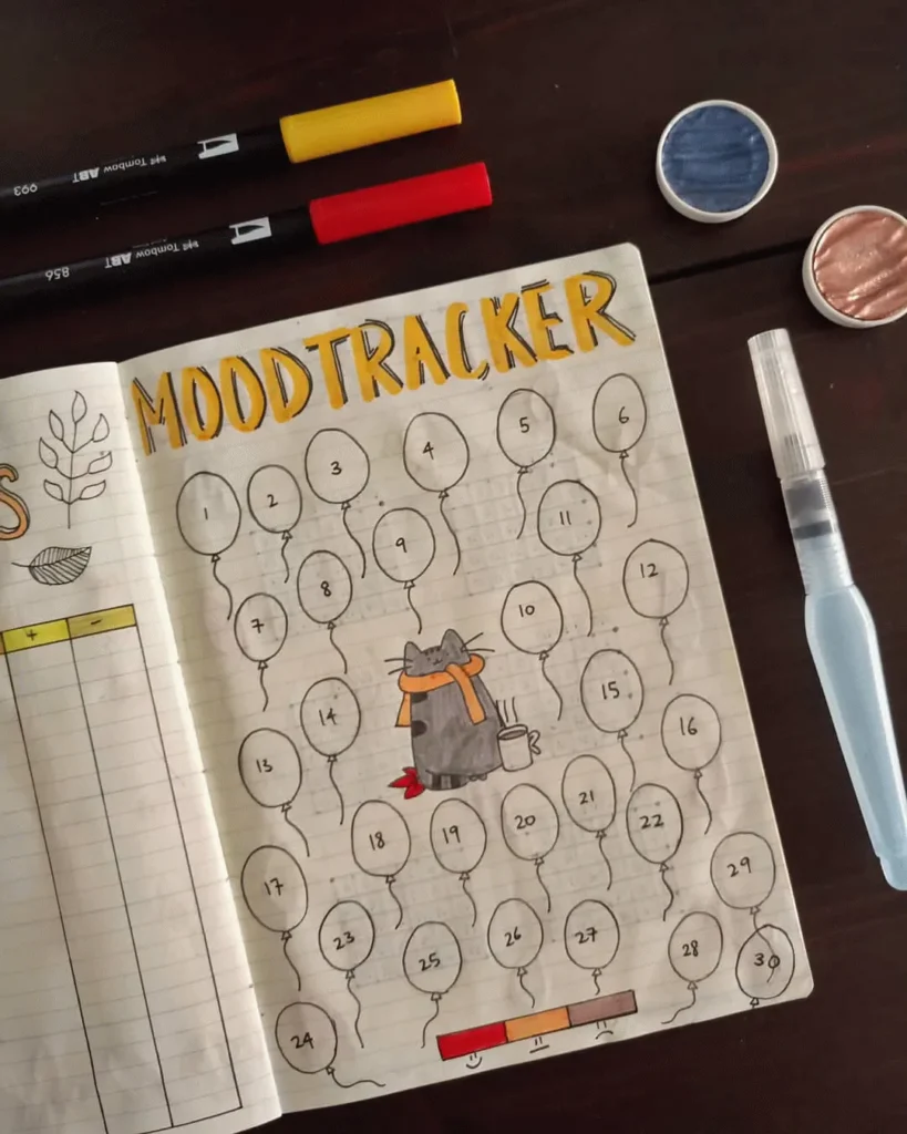 Bullet journal mood tracker with balloons and a cat illustration, surrounded by art supplies.