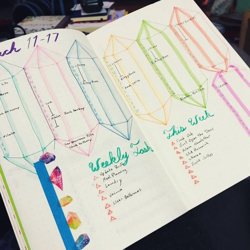 Colorful bullet journal with weekly schedule and tasks, featuring crystal-themed designs.