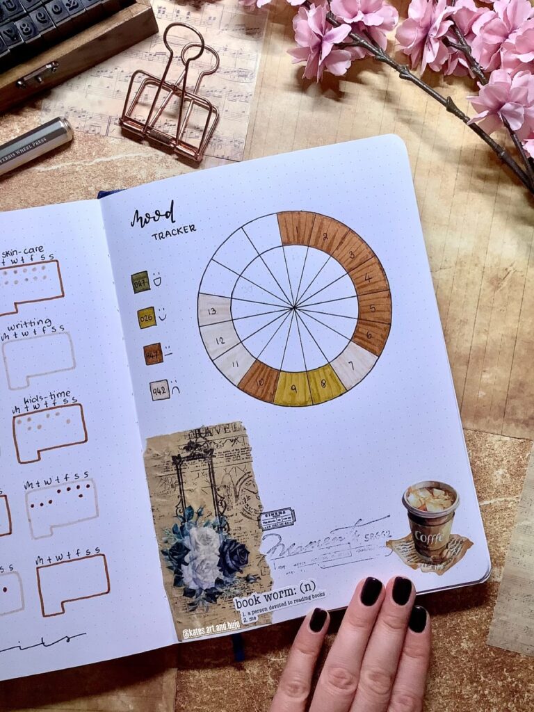 Bullet journal with mood tracker and decorative elements; hand with black nails touches the page.