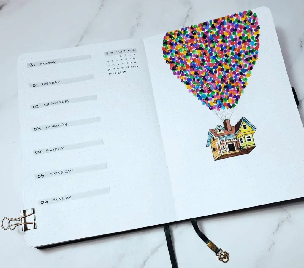 Weekly planner with a colorful house and balloons illustration, inspired by a popular animated movie.