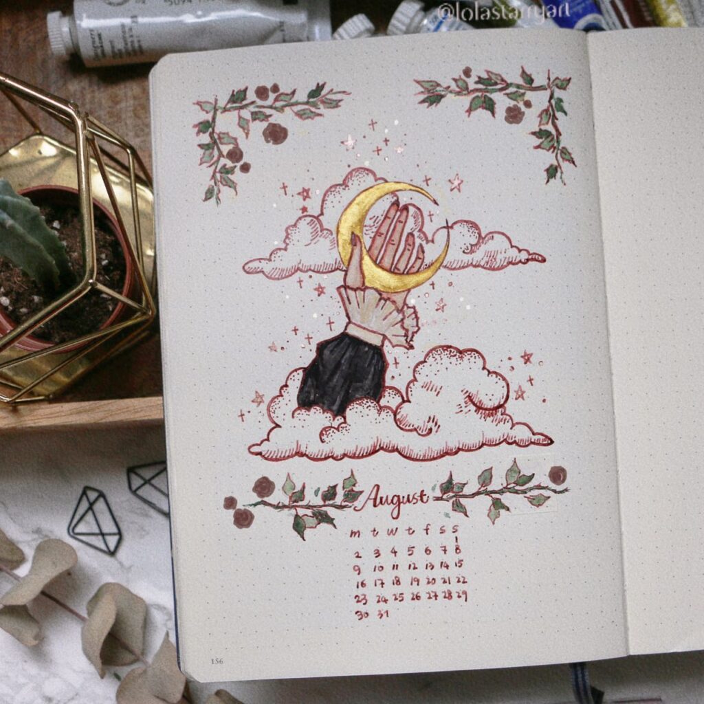 Bullet journal August page with artistic hand holding crescent moon, surrounded by clouds and floral designs.