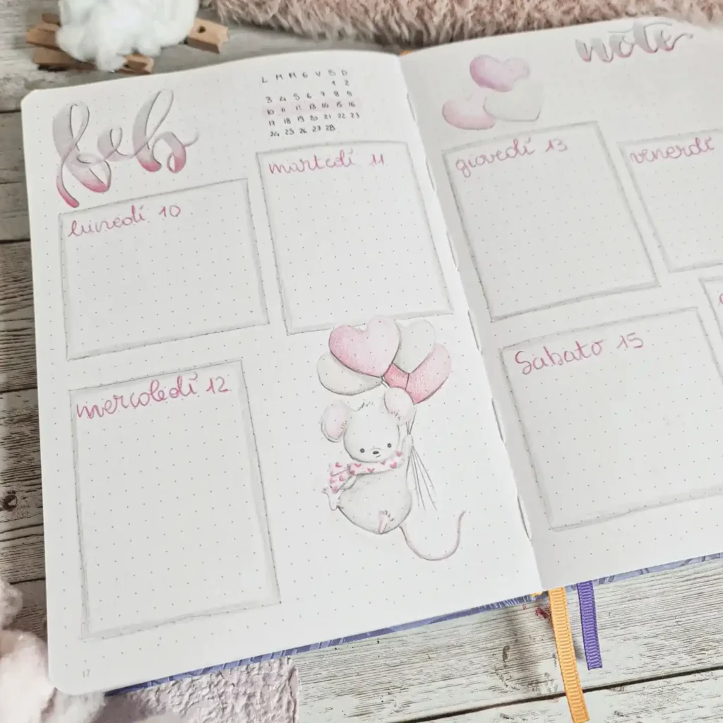 Cute February bullet journal spread with pastel heart balloons and a mouse, perfect for organizing weekly plans.
