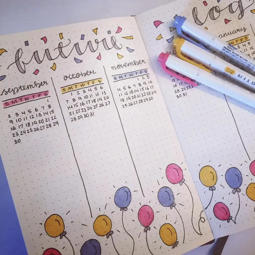 Bullet journal future log with colorful monthly calendars and decorative balloons.