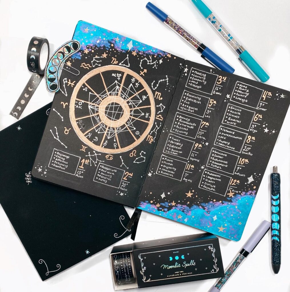 Astrology-themed bullet journal with pens, moon washi tape, and zodiac illustrations on a creative, starry background.