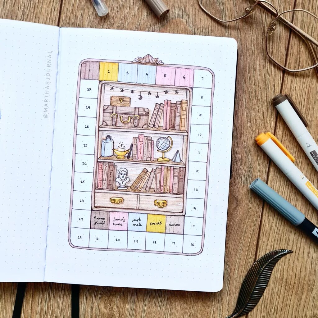 Bullet journal bookshelf layout with pastel colors on a wooden table, surrounded by pens and glasses.
