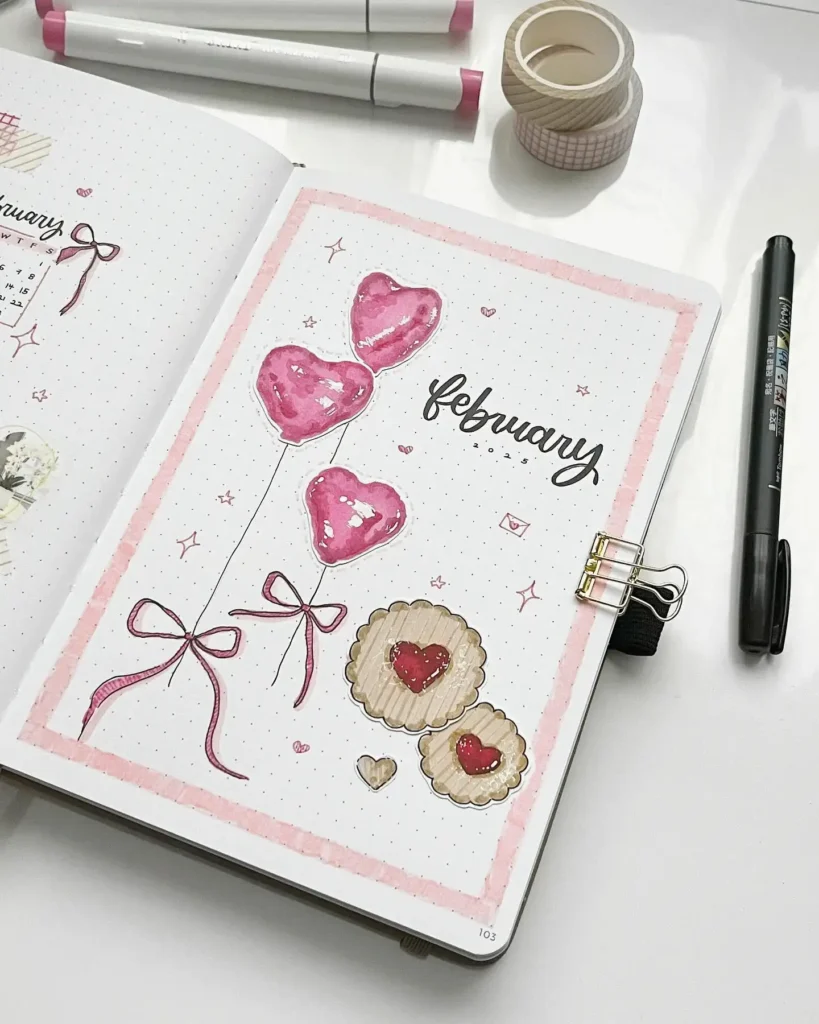 Bullet journal with February theme, heart balloons, and cookies. Decorative pens and washi tape nearby.