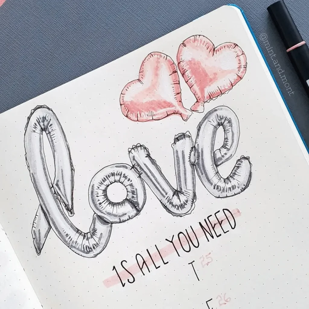 Hand-drawn love balloon letters with pink heart balloons, notebook art with marker, is all you need text below.