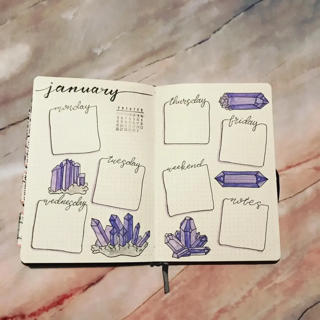 Open bullet journal for January with decorative crystals and daily notes sections.