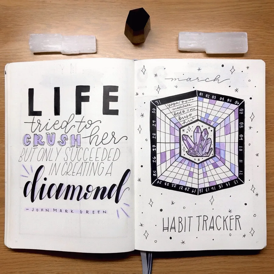 Bullet journal with motivational quote and habit tracker for March, featuring purple and black ink designs.
