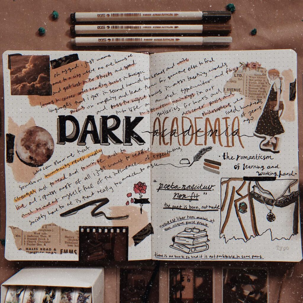 Dark Academia journal spread featuring notes, collage elements, and illustrations in a vintage aesthetic.