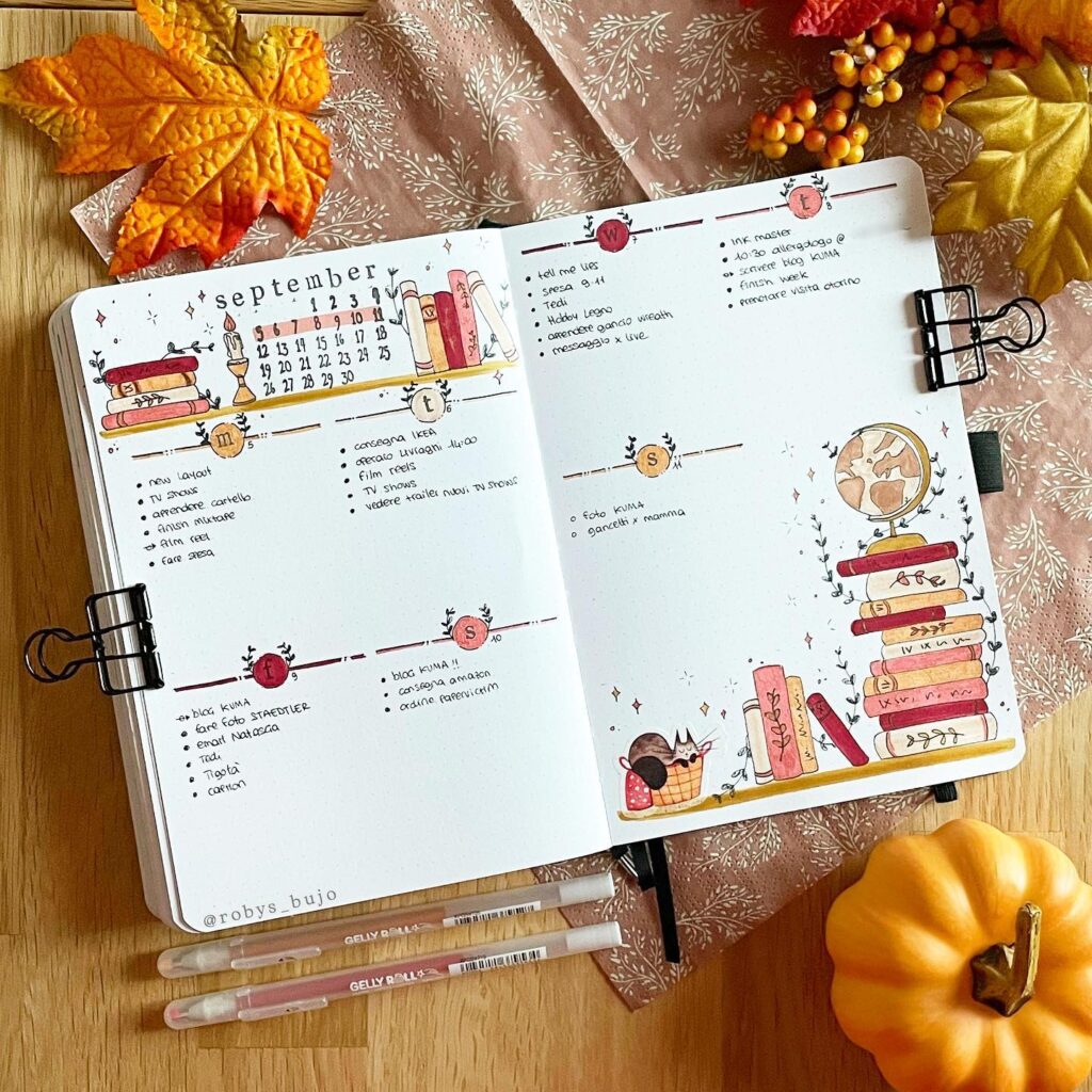 September bullet journal spread with autumn theme, featuring a calendar and doodles of books, leaves, and pumpkins.