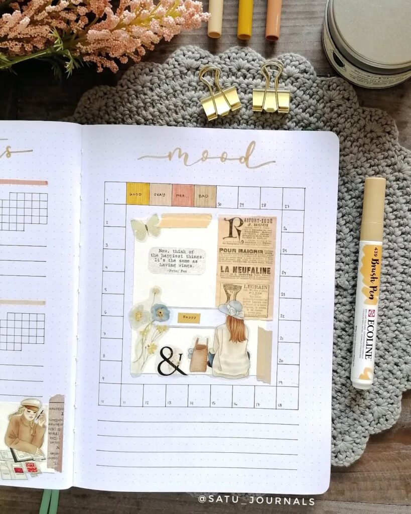 Bullet journal layout with mood tracker, decorated with vintage collages, flowers, markers, and stationery items.
