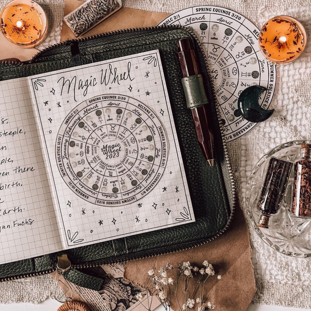 Magic Wheel journal on a table with candles and herbs, showcasing astrology and zodiac signs. Cozy and mystical setting.