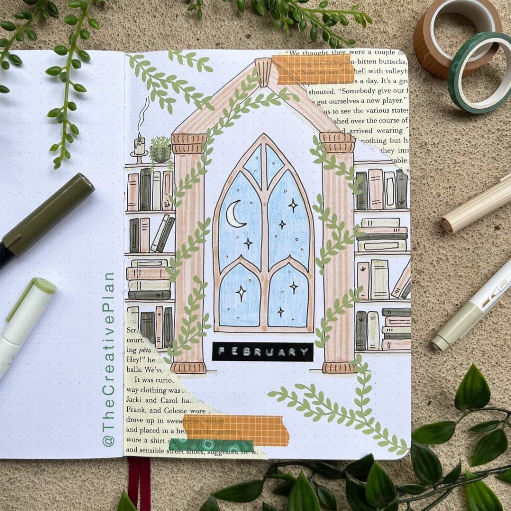 Decorated journal page with a February theme, featuring books, plants, and a window illustration.