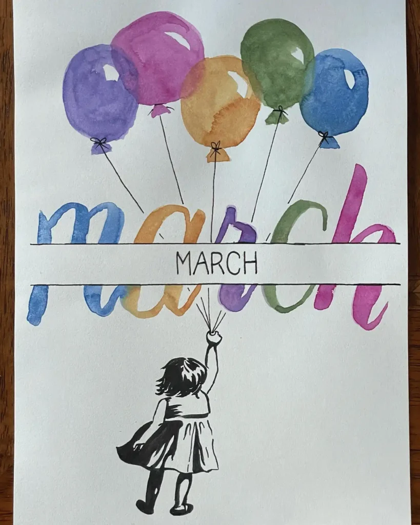 Child holding balloons spelling march in colorful watercolor illustration.