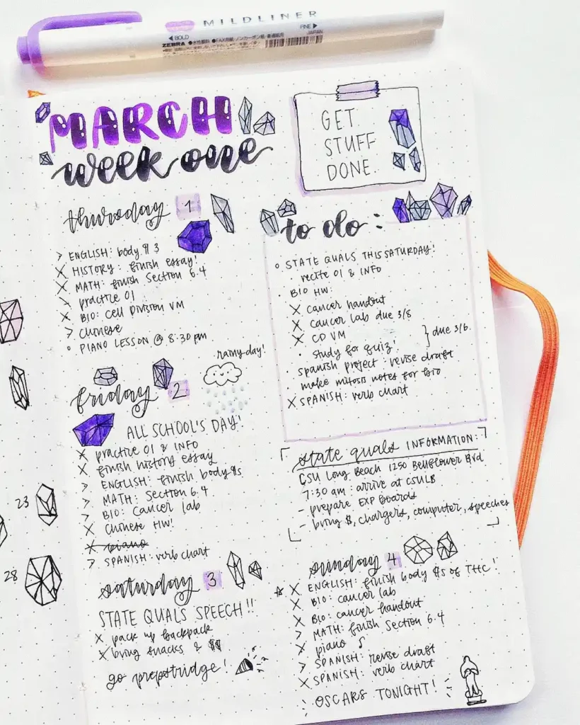 Bullet journal weekly spread for March with tasks, notes, and decorative elements in purple and black. Pen included.