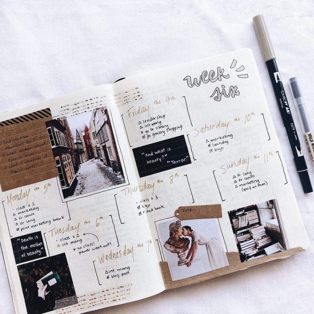 Weekly planner with notes, photos, and pens on a white table. Perfect for organizing tasks and capturing inspiration.