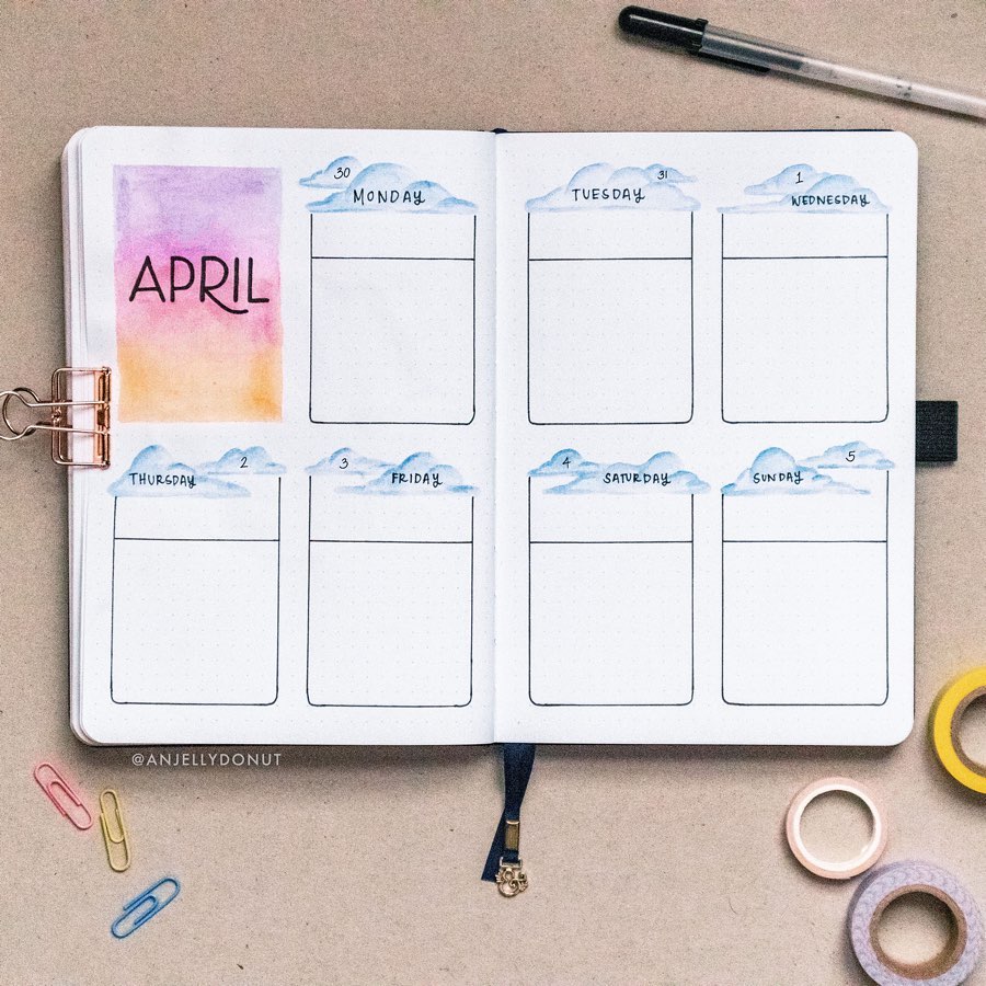 Open bullet journal displaying April weekly spread with watercolor cloud theme and stationery.
