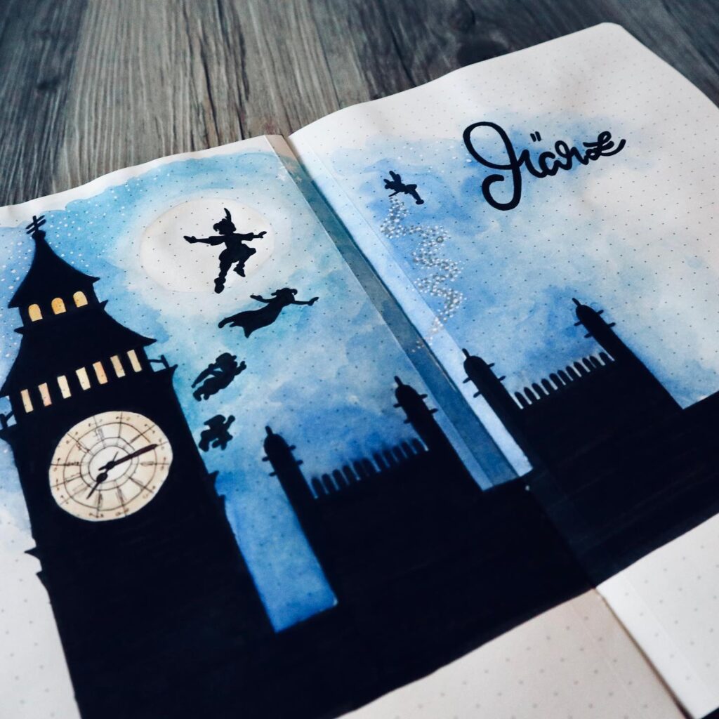 Flying silhouettes over London with Big Ben and moonlit sky, watercolor artwork on notebook pages.