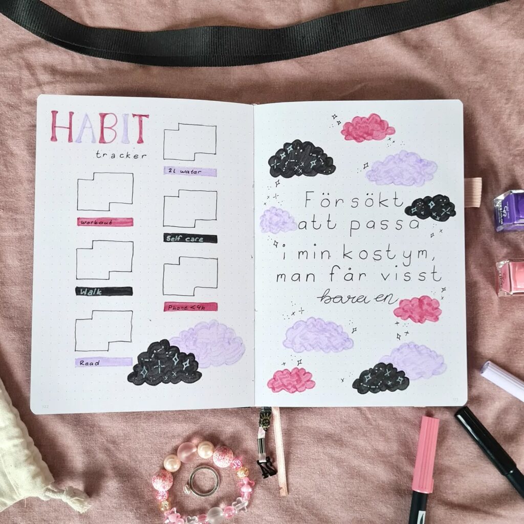 Open journal with a habit tracker and Swedish quote, surrounded by colorful markers and decorative items.
