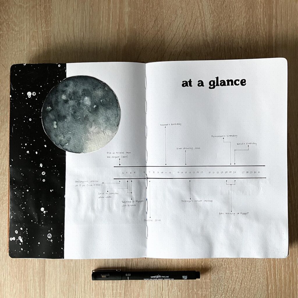 Open journal with a moon illustration and timeline titled at a glance, placed on a wooden table with a pen.
