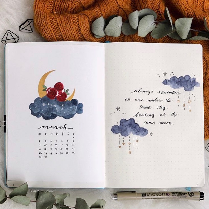March bullet journal spread with moon, clouds, and red roses, alongside a quote about the sky and moon.