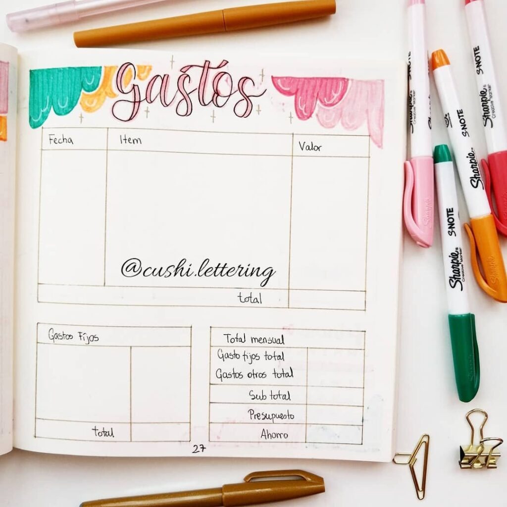 Hand-drawn budget planner layout with colorful pens and highlighters. Featuring space for date, item, and value tracking.