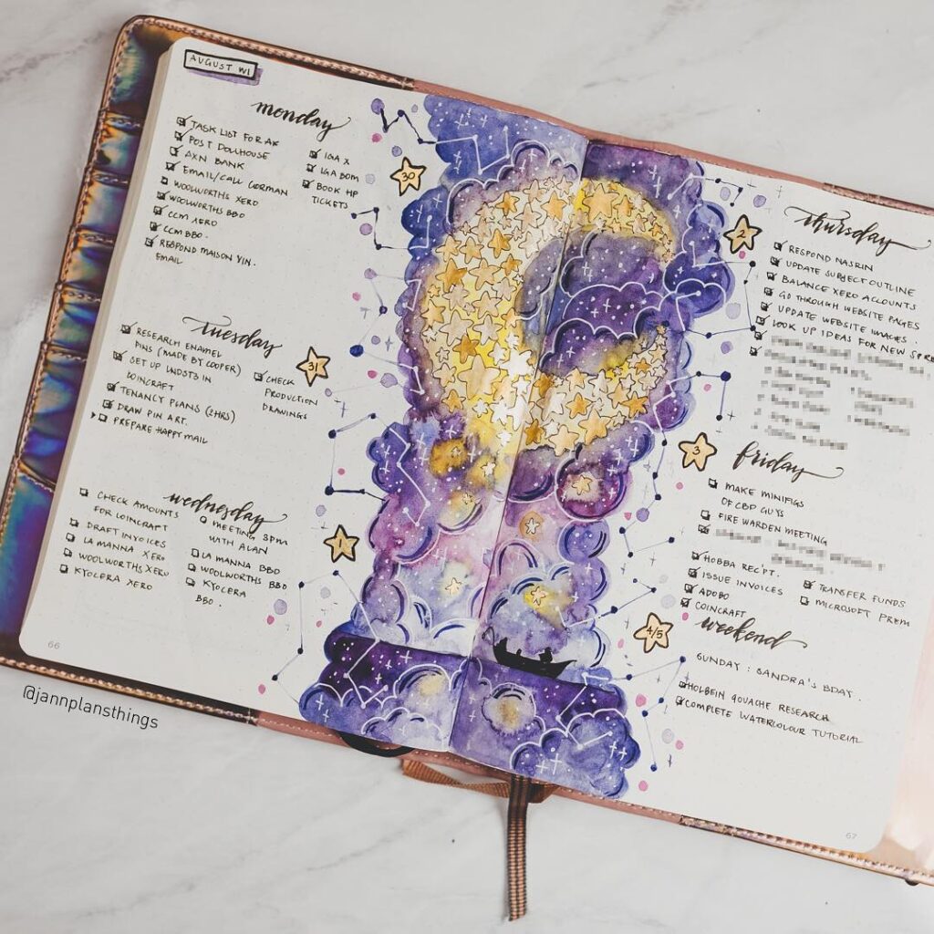 Decorative bullet journal spread with celestial theme, featuring a moon and stars painted in purple and gold hues.