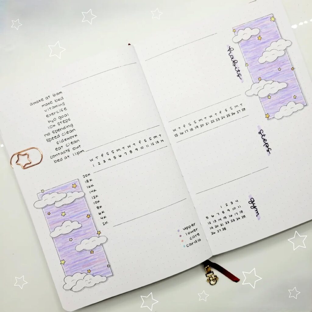 Bullet journal spread with goals, habit tracker, and cloud illustrations in purple, featuring a star-shaped paper clip.