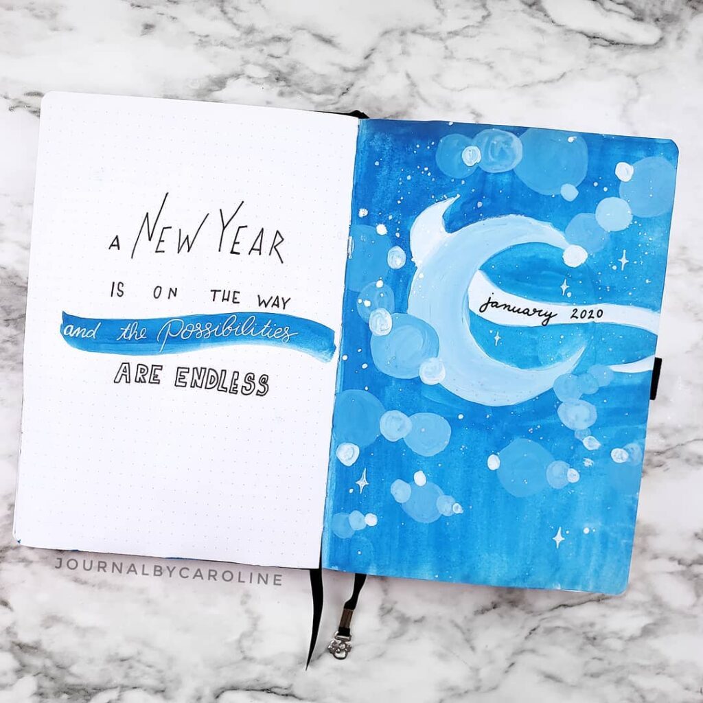 Bullet journal spread with New Year motivational message and blue moon illustration for January 2020.